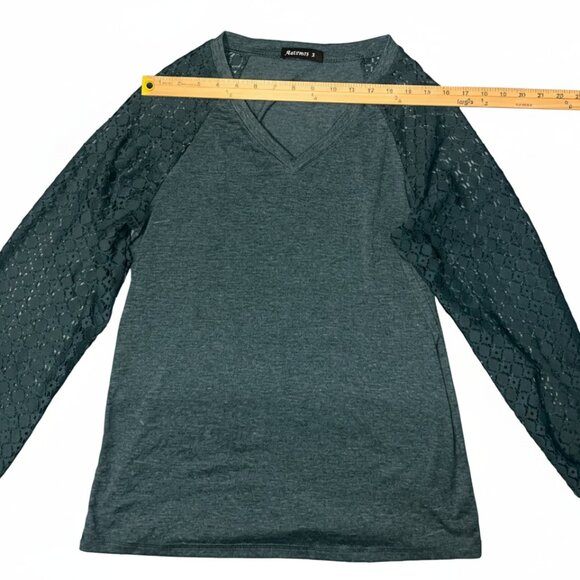 Modern Woman’s Automet Deep Jade Green Long Sleeve V-Neck Shirt with Lace Sleeve - Picture 2 of 8